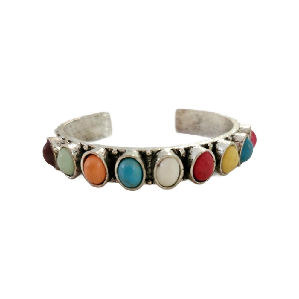 Southwestern Silver Tone Multi Colored Stone Cuff Bracelet